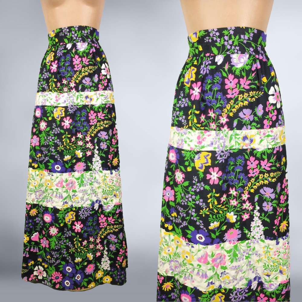 VINTAGE 70s Botanical Black & White Color Block Maxi Skirt with Sequins 27" Wais